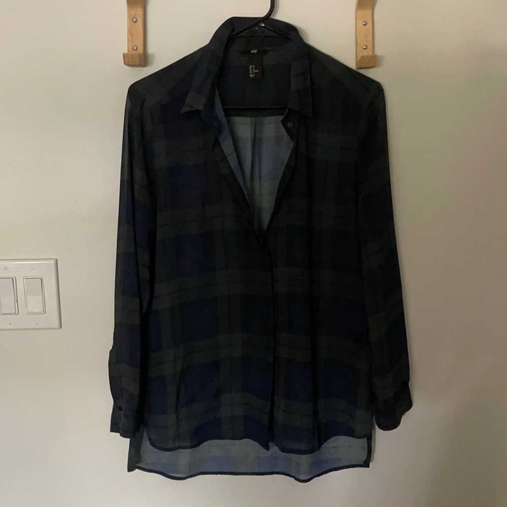 Sheer plaid navy blue and green button up